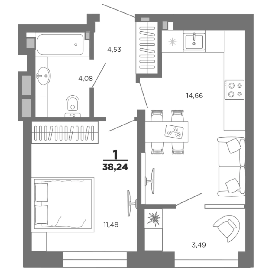 1-ая квартира 43.26 м2 с отделкой и улучшенной планировкой в новостройке